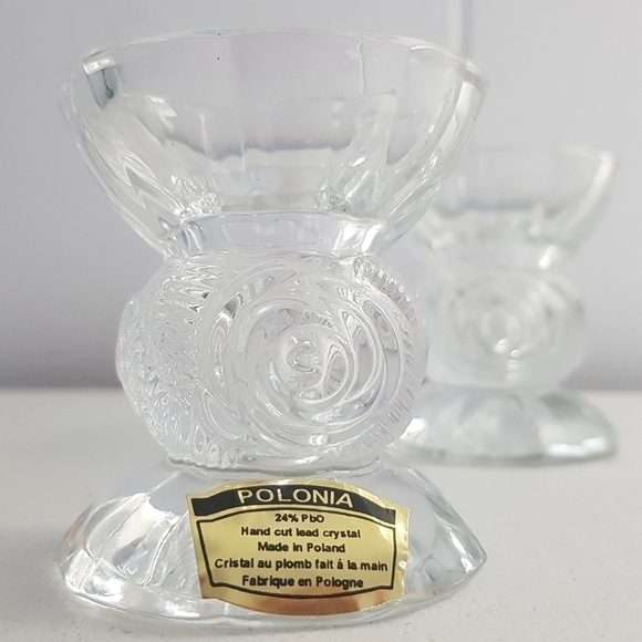 1980s Polonia Hand Cut Roses 24% Lead Crystal Candle Holders - Picture 2 of 5